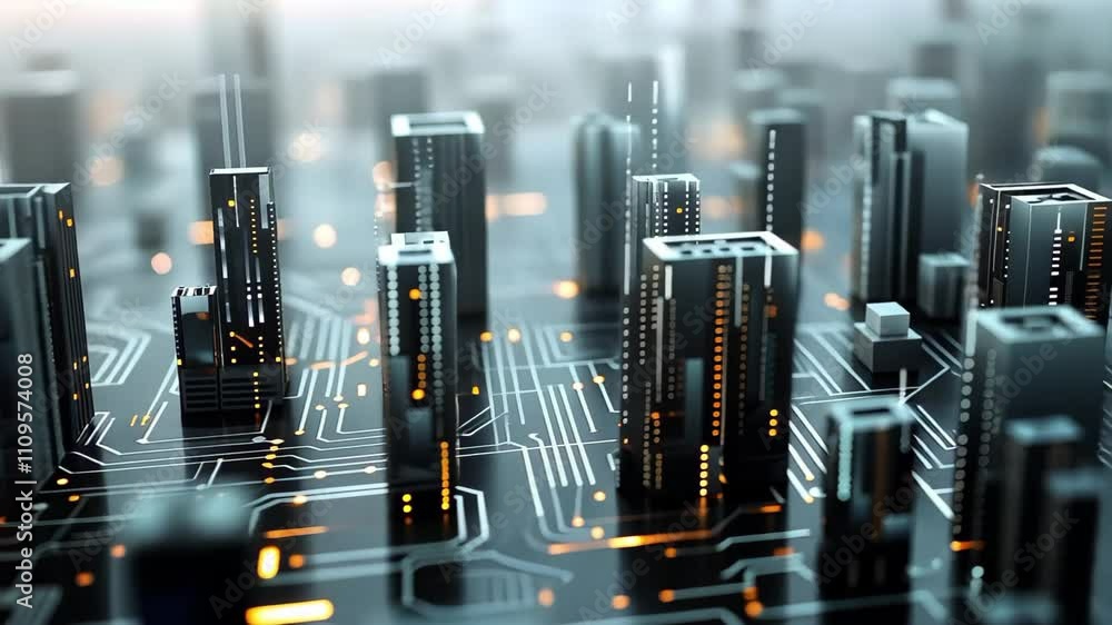 Poster a digital representation of a futuristic cityscape with glowing buildings and circuit-like patterns.