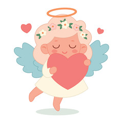 Cute angel girl with blue wings in a white dress with blond hair takes heart in hands isolated on a white background