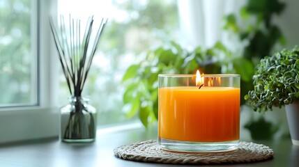 A glowing orange candle on a table, surrounded by greenery and soft natural light.