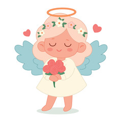 Cute angel girl with blue wings in a white dress with blond hair takes red roses in hands isolated on a white background