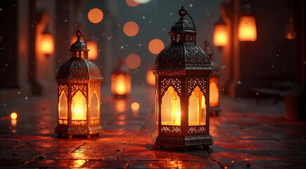 Fototapeta premium Ornate lanterns illuminate courtyard with warm glow at Ramadan Kareem night, Eid Ul Fitr