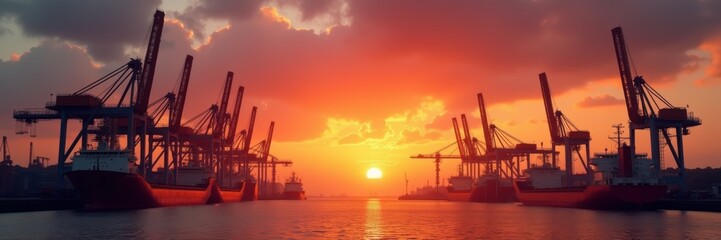 Obraz premium A stunning sunset over a busy port, with silhouettes of cargo ships and cranes. Perfect for maritime, logistics, or transportation themes.