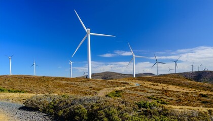 거대한 터빈 블레이드가 회전하며 풍력을 생산하는 풍력발전기 단지