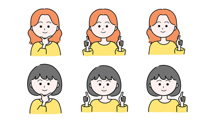 女性イラストセット／グッド／親指を立てる