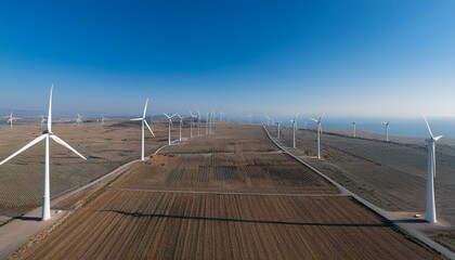 거대한 터빈 블레이드가 회전하며 풍력을 생산하는 풍력발전기 단지