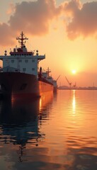 Obraz premium A breathtaking sunset over a harbor with ships docked, capturing the beauty of maritime industry and international trade.