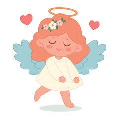 Valentine's Day design. Cute angel girl with blue wings in a white dress with red hair isolated on a white background. For web, cards, posters, invitations, stickers. Vector illustration