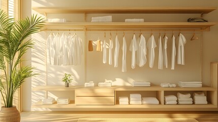 Bright and airy minimalist wardrobe with neatly organized white garments.