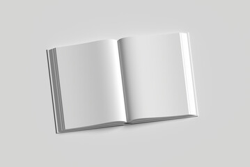 Opened Magazine or Brochure on black paper. Blank pages top view. Mockup template for your showcase.