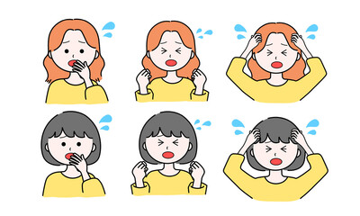 女性イラストセット／焦る／慌てる／パニック