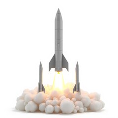 Obraz premium Rocket Launch with Clouds and Fire on White Background
