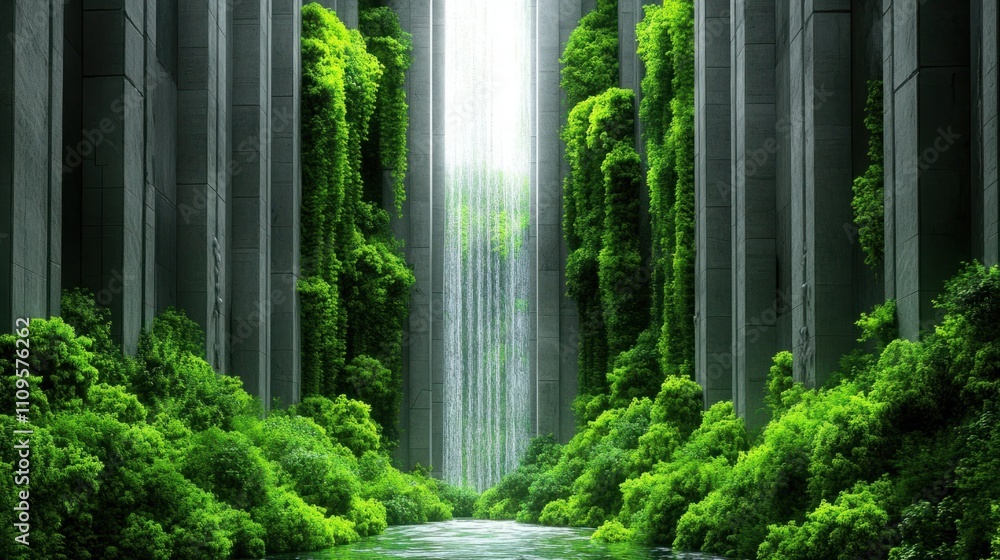 Poster lush green waterfall surrounded by towering concrete structures in a serene nature setting with abun