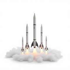 Rocket Launch with Clouds and Fire on White Background