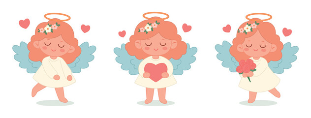 Cute angel girls with blue wings in a white dress with red hair set isolated on a white background
