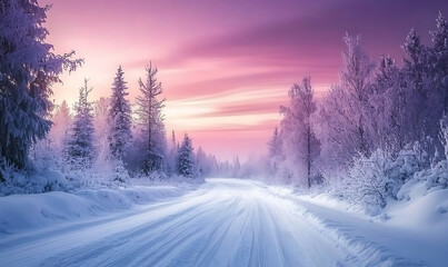 A serene snow-covered road surrounded by frosty trees under a colorful pink and purple sky at dusk. The peaceful winter landscape captures the beauty and calmness of the season. Concept of winter.