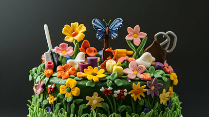 A bold and colorful cake featuring flowers and butterflies for a cheerful celebration.