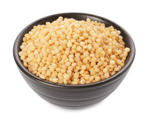 Raw couscous in bowl isolated on white