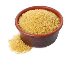 Raw bulgur in bowl isolated on white