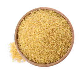 Raw bulgur in wooden bowl isolated on white, top view