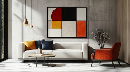 Contemporary Abstract Art, vibrant composition featuring bold lines and dynamic shapes, perfect for enhancing modern interior spaces with artistic flair
