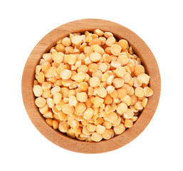 Dried peas in wooden bowl isolated on white, top view
