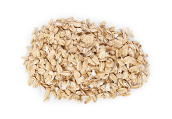 Heap of dry oat flakes isolated on white, top view