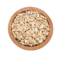 Dry oat flakes in wooden bowl isolated on white, top view