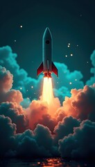 Fototapeta premium A vibrant rocket launch amidst colorful clouds, symbolizing innovation and technology. Perfect for projects related to space exploration, startups, and futuristic concepts.