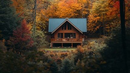 Autumn Retreat in the Woods, a charming cabin embraces the warmth of fall, surrounded by vibrant leaves, creating a serene escape into nature's embrace.