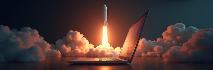 Fototapeta premium A dynamic image depicting a rocket launch from a laptop, symbolizing innovation, technology, and the digital age, perfect for businesses in tech and space exploration.