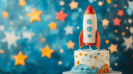A whimsical space-themed cake with a 3D rocket topper, surrounded by star decorations on a bright blue background, evoking a playful galactic adventure.
