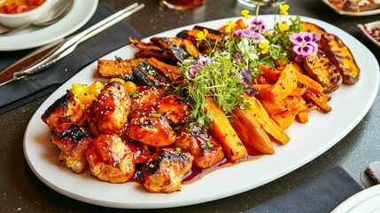 Grilled chicken and vegetable platter restaurant dining food indoor setting close-up view culinary delight