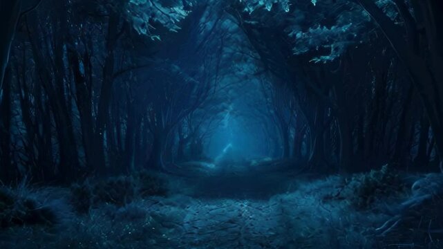Spooky road like tunnel in dark forest at night, scary woods with fairy tale path and low blue light. Concept of fantasy, mystery. 
