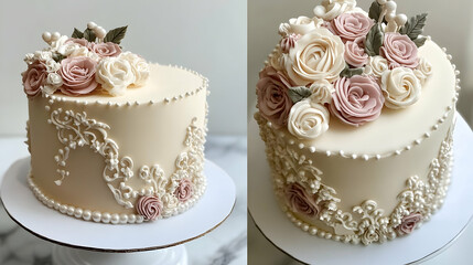 An elegant single-tier cake with delicate floral decorations and intricate pearl detailing, perfect for weddings or special celebrations.