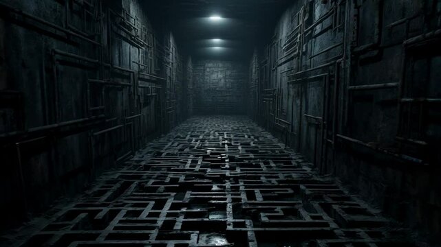 Creepy dark room with maze floor, scary corridor as surreal labyrinth with traps and puzzles like in horror movie. Concept of quest, riddle, cellar, unknown and mystery. 