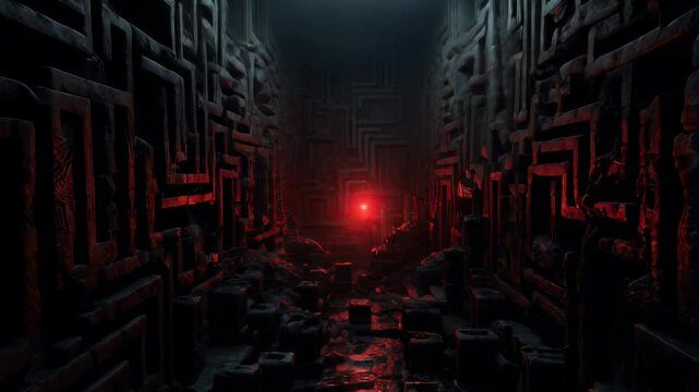 Dark scary maze, strange creepy stone labyrinth, underground surreal corridor with traps like horror movie. Concept of quest, unknown, riddle and mystery. 