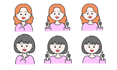 笑顔の女性イラストセット／グッド／親指を立てる