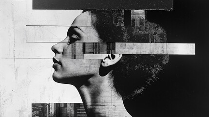 Abstraktes fragmentiertes Portrait (Closeup) einer Frau Dada Collage / Abstrakte Kunst / Illustration in Schwarz und Weiß