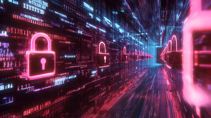 futuristic digital grid glowing with blue and red lights, featuring padlock icons to symbolize cybersecurity and encrypted data transmission