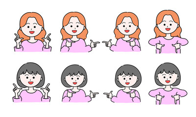 笑顔の女性イラストセット／指をさす／指さし確認／上下左右