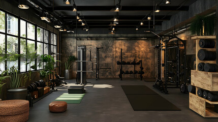 cozy gym with warm industrial lighting, exposed walls, and greenery, offering a unique environment for wellness and functional fitness.