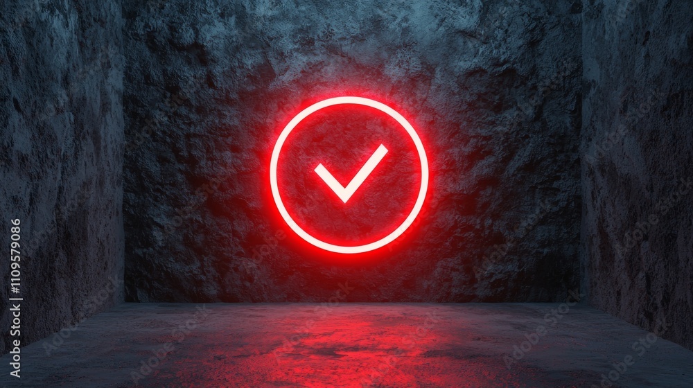 Aufkleber a glowing red checkmark symbol is displayed against a dark, textured wall, creating a dramatic and m
