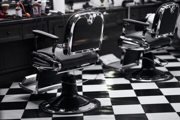 Classic barber chairs in a vintage barbershop with checkerboard floor