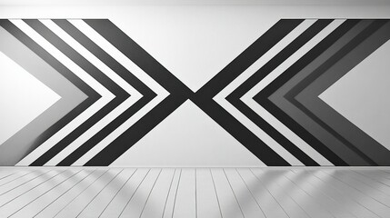 Obraz premium Modern Geometric Design of Black and White Stripes on an Abstract Wall in Minimalist Interior Space with Bright Wooden Flooring