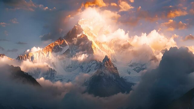 Himalayas mountains range landscape with clouds at sunset