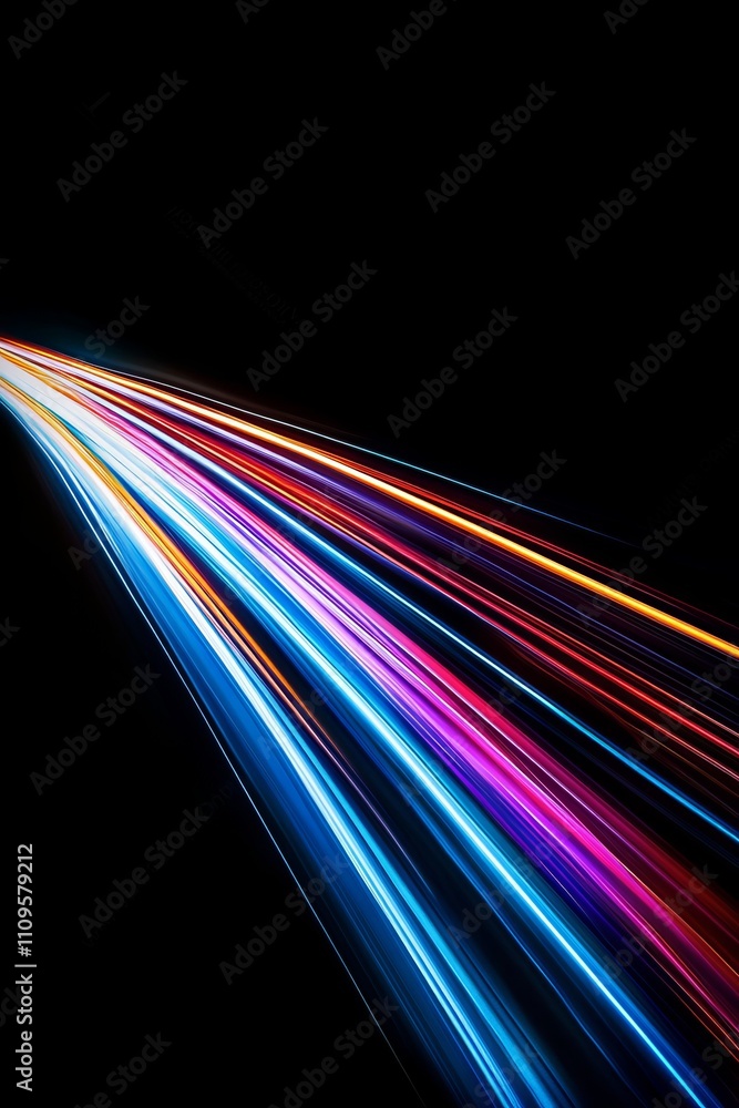 Poster vibrant multicolored light trails dance across a black background, creating a stunning visual effect