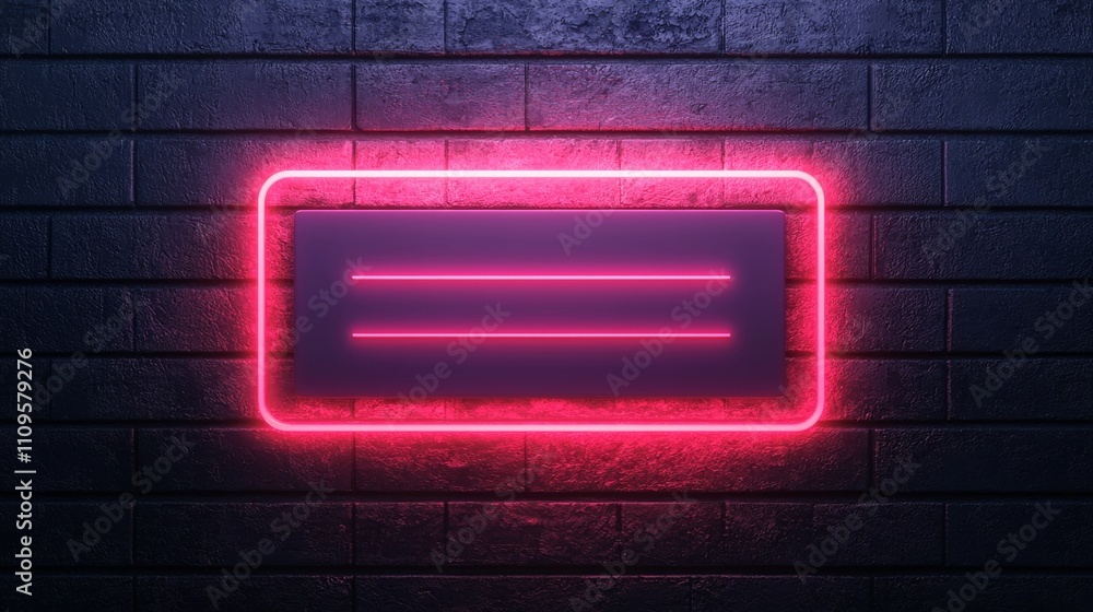 Poster a glowing neon sign with a rectangular shape and equal horizontal lines, set against a textured dark