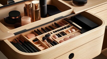 Organized Vanity Drawer with Makeup Brushes and Products
