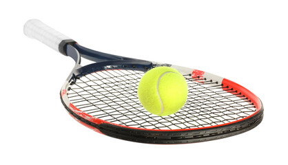 Tennis racket with ball isolated on white