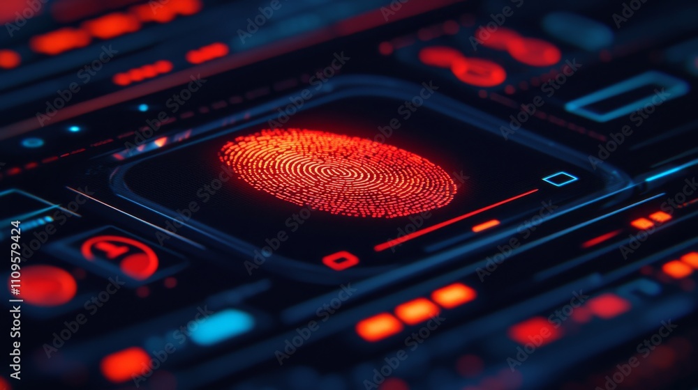 Poster a glowing red fingerprint on a futuristic digital interface, showcasing biometric security technolog